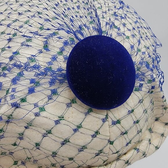 Chanda‎ Hat For Montaldos 50/60’s Fancy Hat With Mesh Face Cover Blue Ivory main image 4
